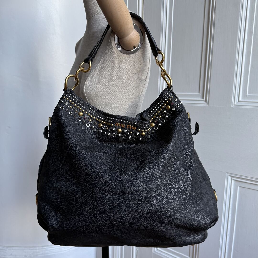 Miu Miu Studded Leather Black Shoulder Bag