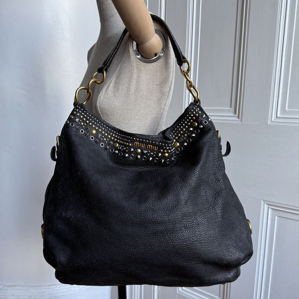 Miu Miu Studded Leather Black Shoulder Bag