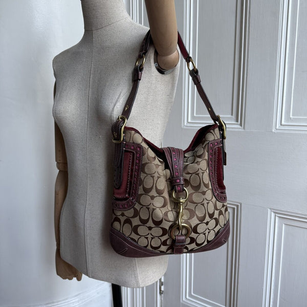 Coach Signature Hobo Buckle Burgundy Shoulder Bag