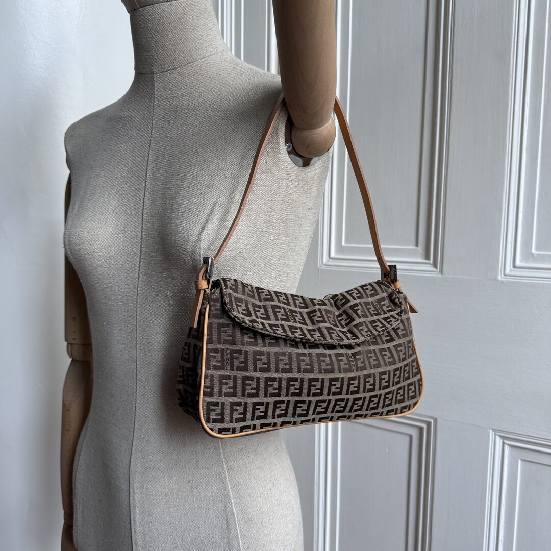 Fendi Zucchino Flap Beige Shoulder Bag