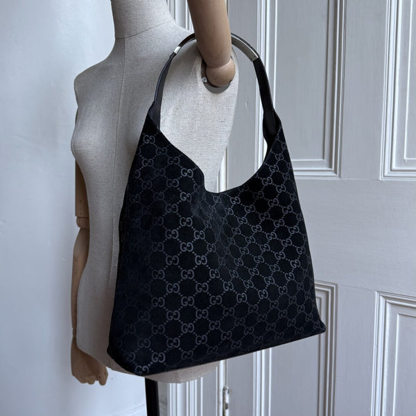 Gucci GG Suede Hobo Navy Shoulder Bag
