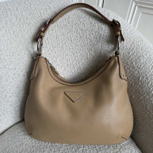 Prada Vitello Daino Hobo Beige Leather Shoulder Bag