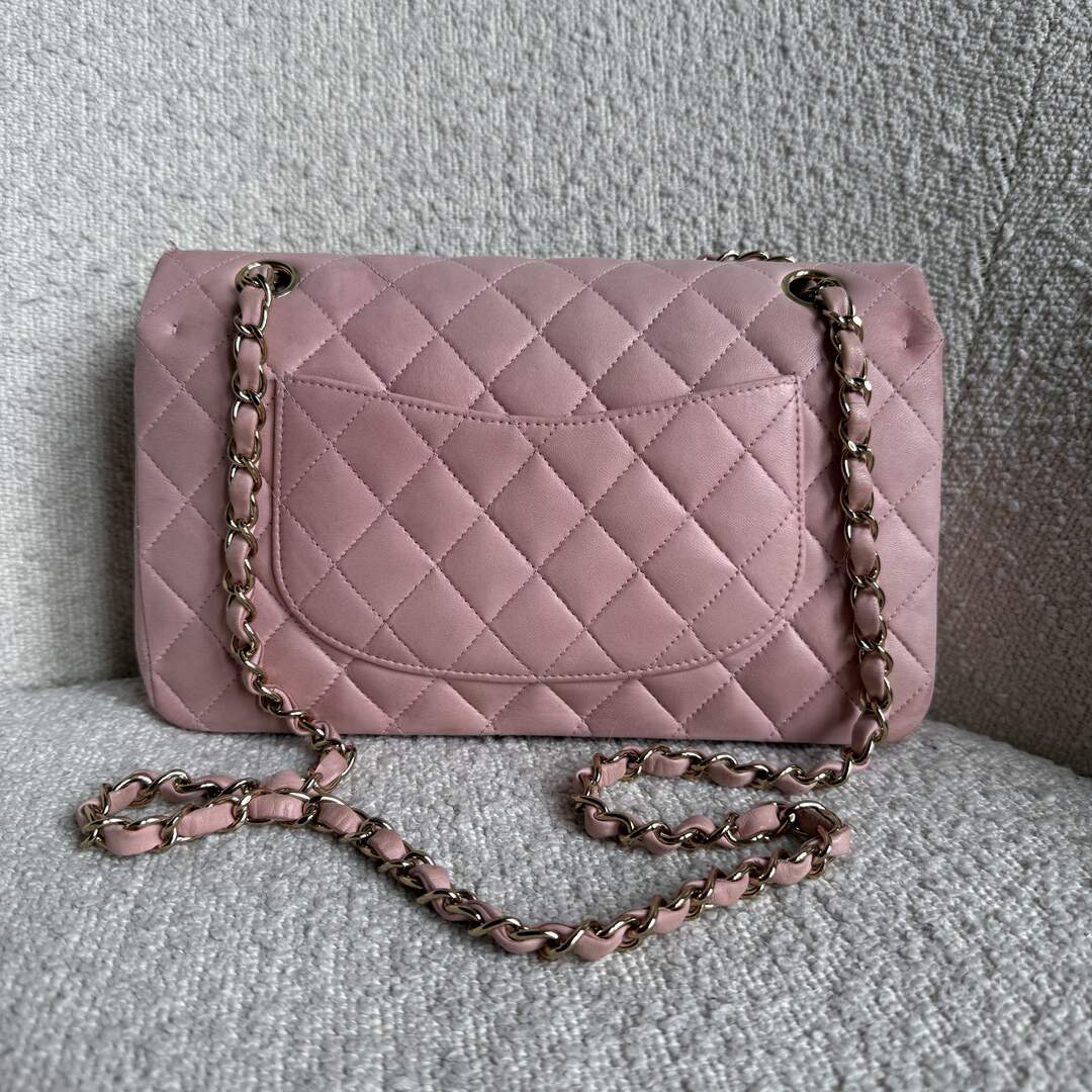 2003 Chanel Matelasse Double Flap Chain 24K Gold Pink Shoulder Bag