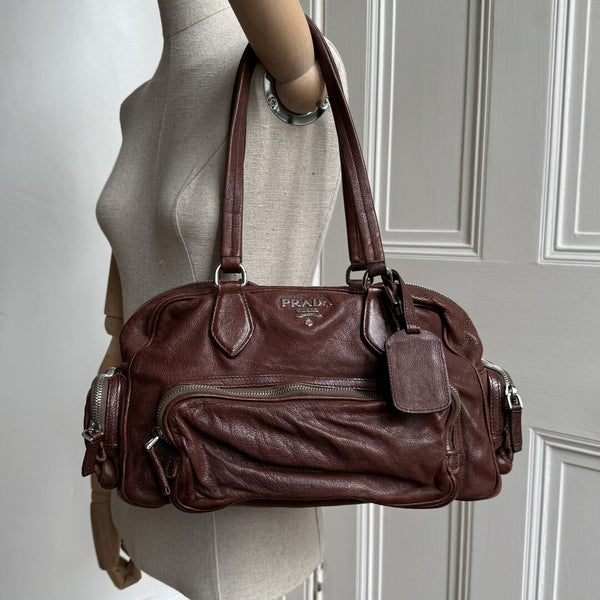 Prada Washed Bauletto Brown Leather Shoulder Bag