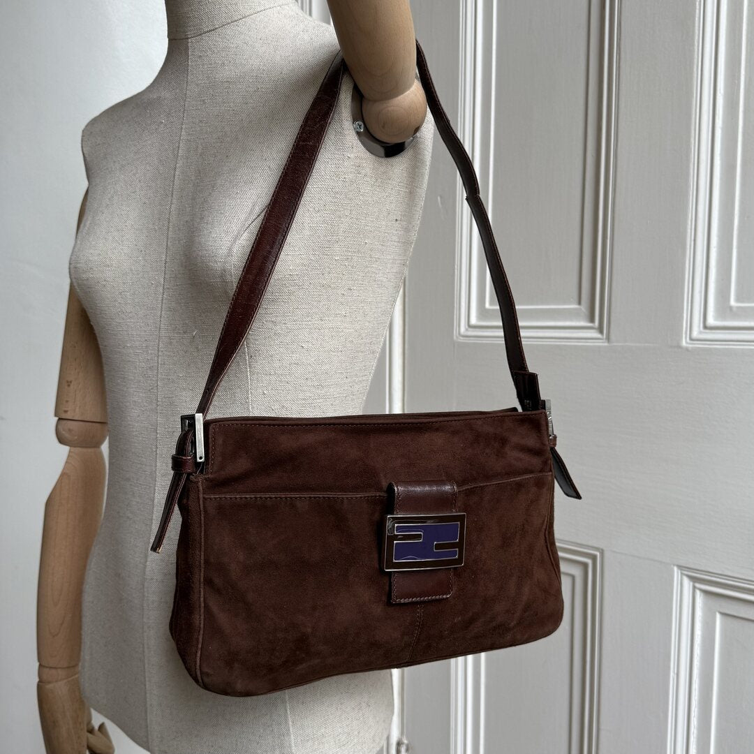 Fendi Mamma Baguette Suede Brown Shoulder Bag