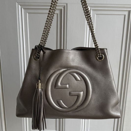 Gucci Soho Chain Leather Silver Tote Bag