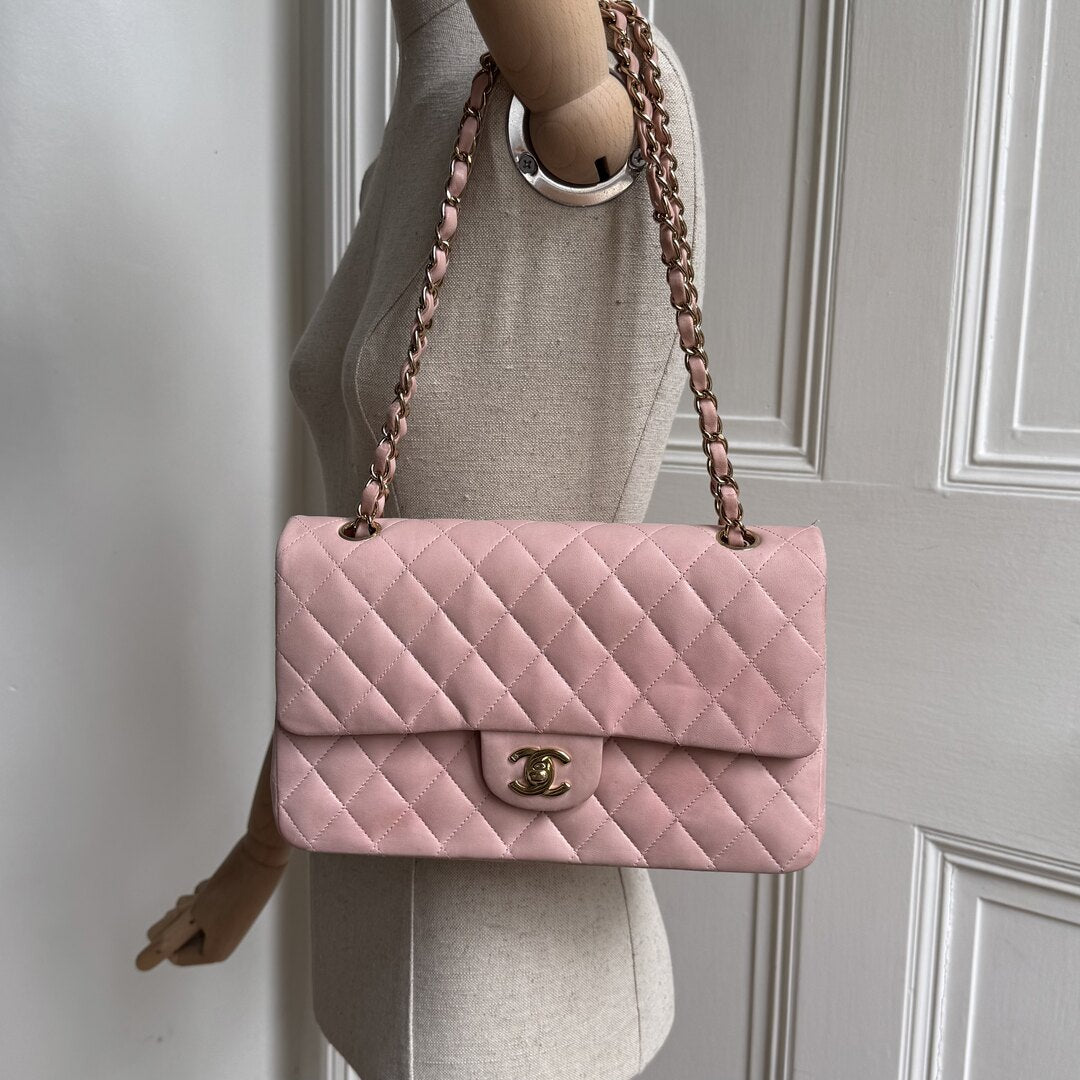 2003 Chanel Matelasse Double Flap Chain 24K Gold Pink Shoulder Bag