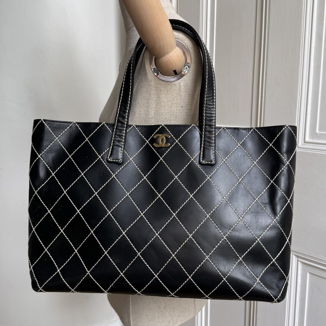 2002 Chanel CC Large Surpique Wild Stitch Black Leather Tote Bag