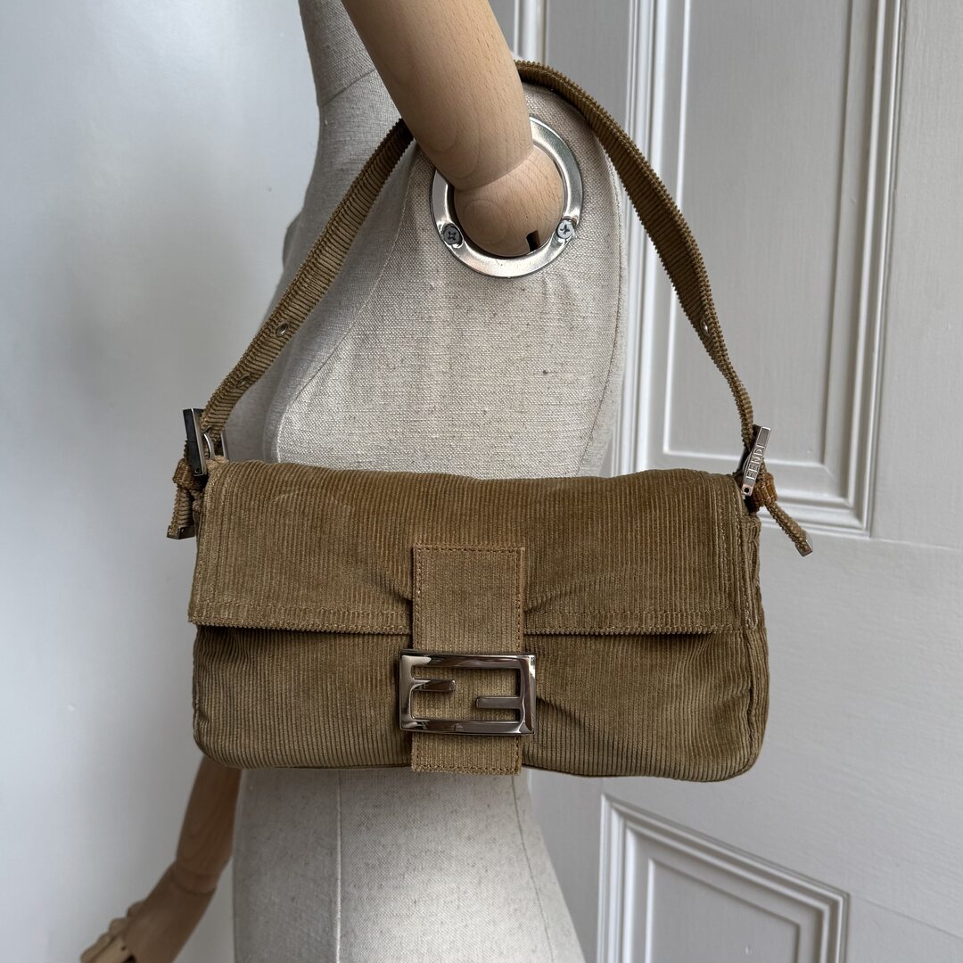 Fendi Mamma Baguette Corduroy Brown Shoulder Bag