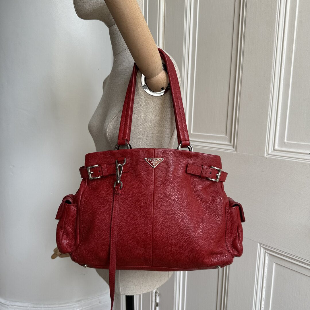 Prada Vitello Daino Leather Red Tote Bag