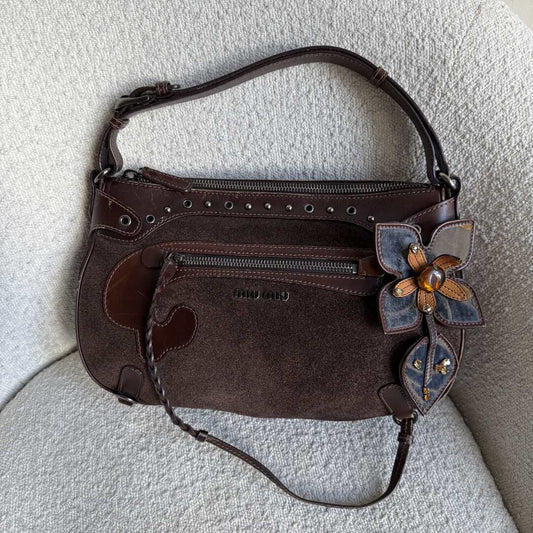 Archive Miu Miu Suede Flower Brown Shoulder Bag