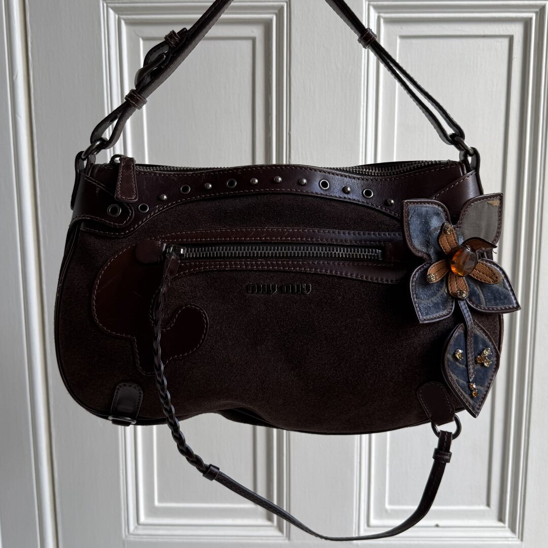 Archive Miu Miu Suede Flower Brown Shoulder Bag