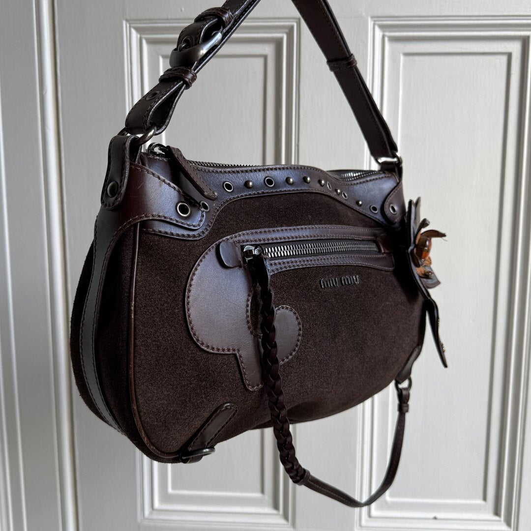 Archive Miu Miu Suede Flower Brown Shoulder Bag
