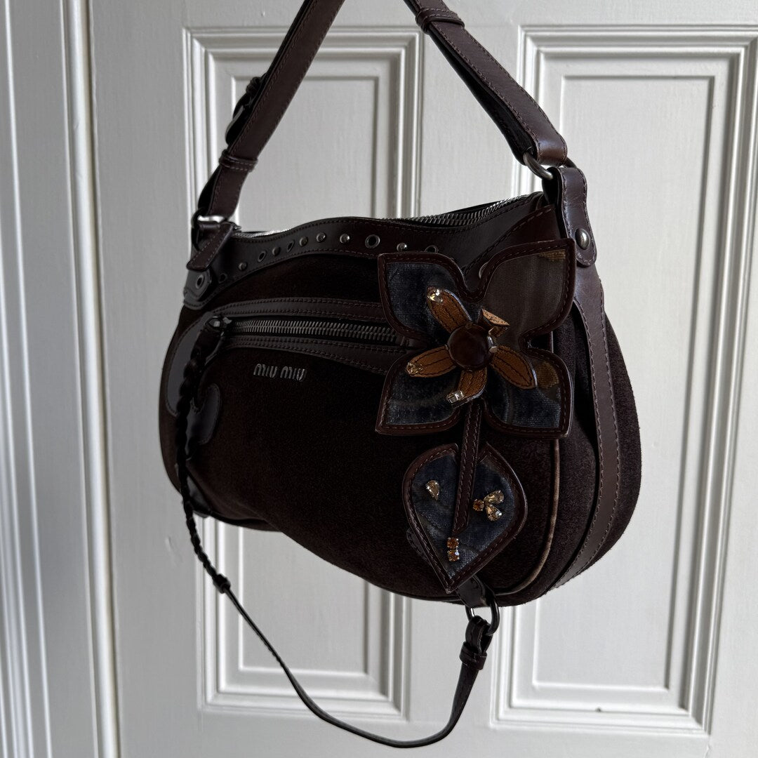 Archive Miu Miu Suede Flower Brown Shoulder Bag