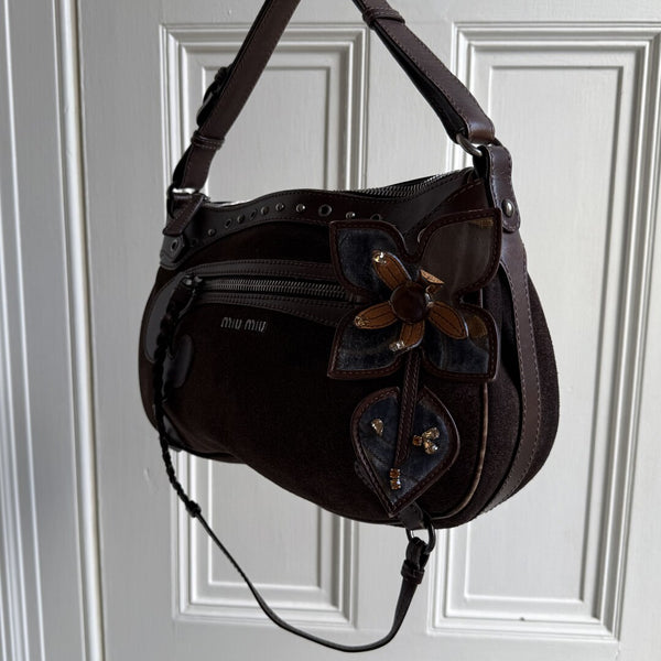 Archive Miu Miu Suede Flower Brown Shoulder Bag