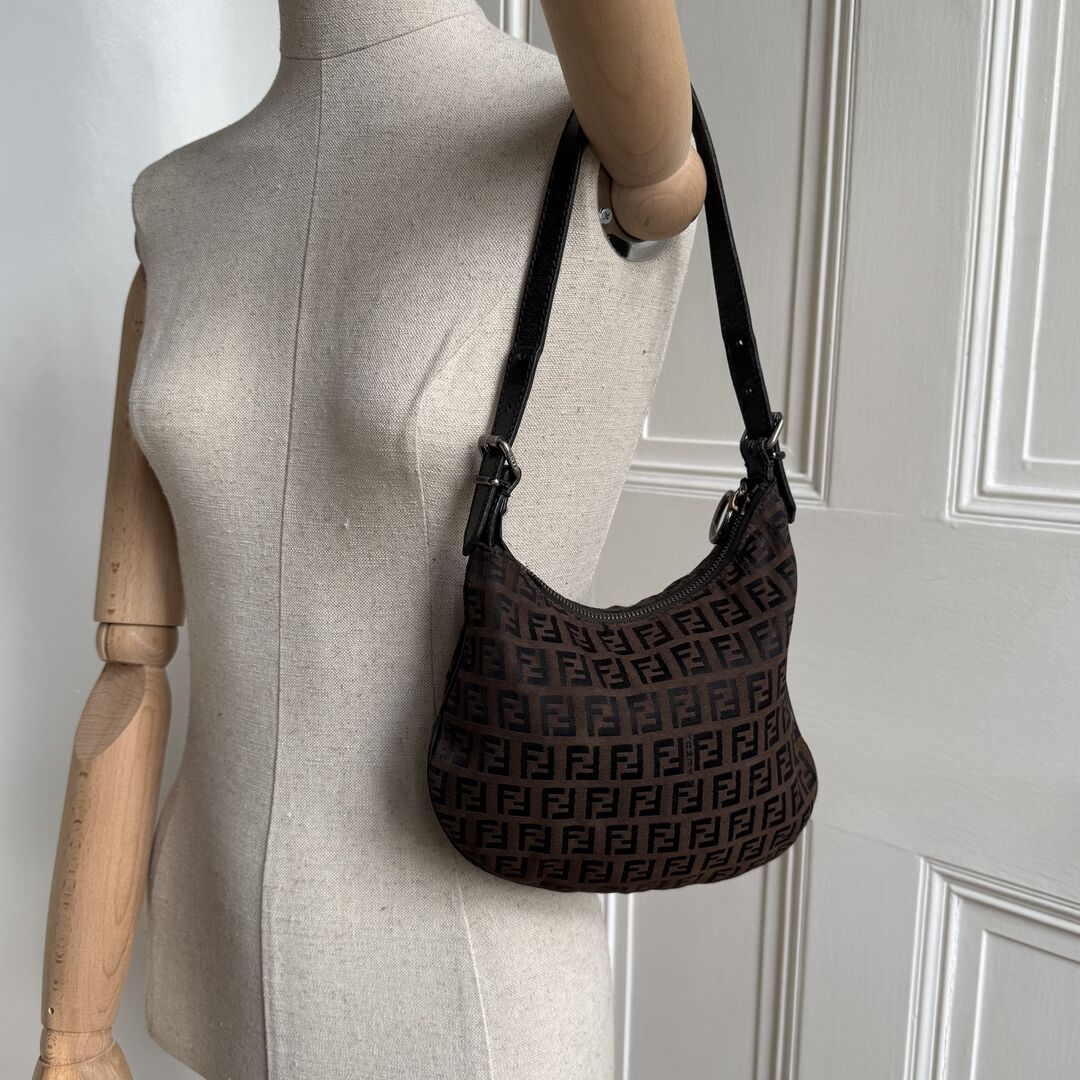 Fendi Zucchino Canvas Oyster Brown Shoulder Bag