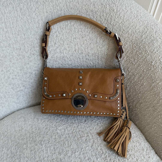 Prada Tassels Studded Leather Brown Shoulder Bag
