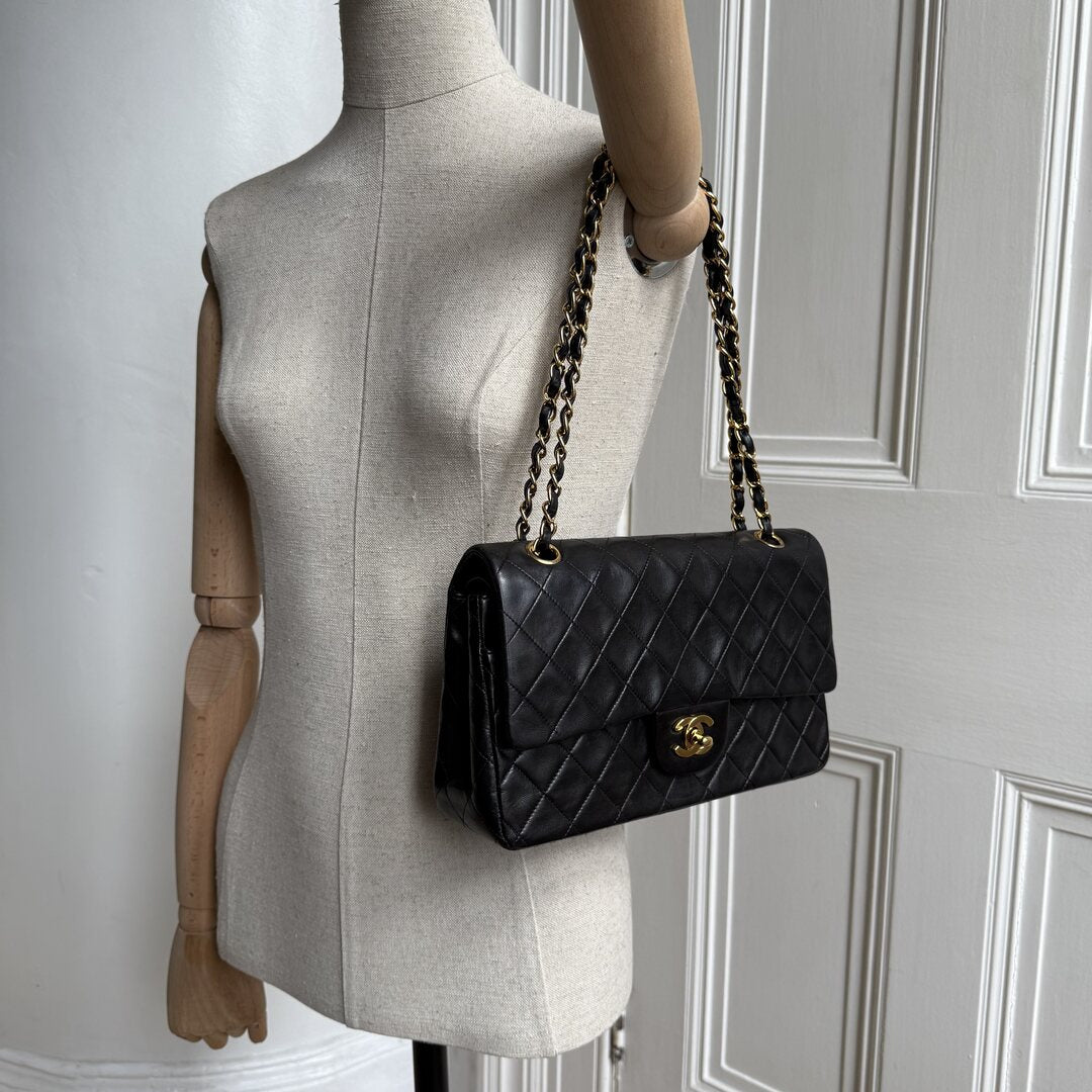 90s Chanel Matelasse Double Flap Chain 24K Gold Black Shoulder Bag