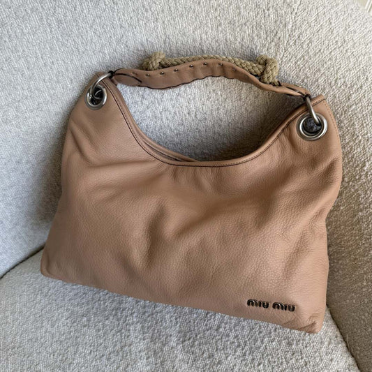 Miu Miu Hobo Leather Beige Shoulder Bag
