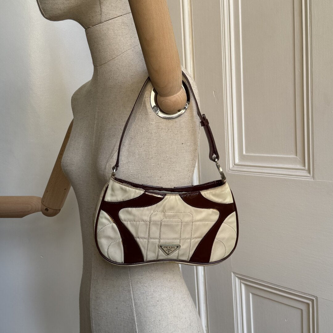 2000 S/S Prada Stitched Nylon Cream / Brown Mini Shoulder Bag