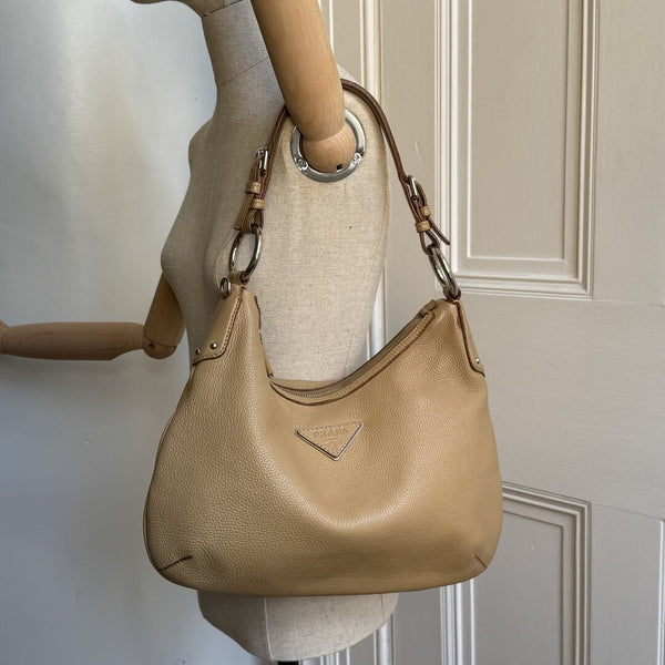 Prada Vitello Daino Hobo Beige Leather Shoulder Bag
