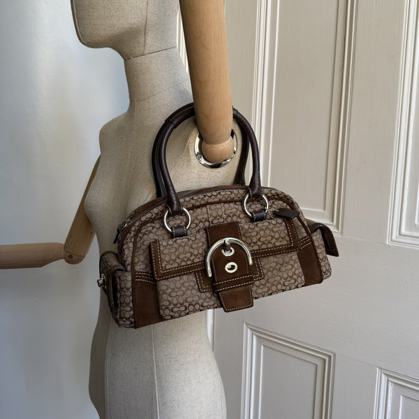 Coach Mini Signature Buckle Suede Brown Shoulder Bag