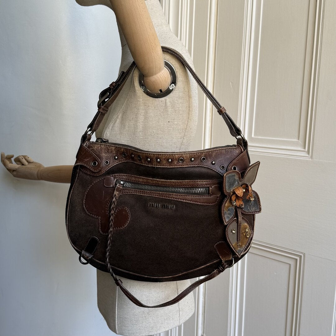 Archive Miu Miu Suede Flower Brown Shoulder Bag