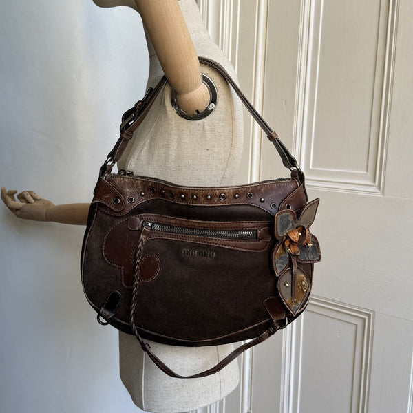 Archive Miu Miu Suede Flower Brown Shoulder Bag