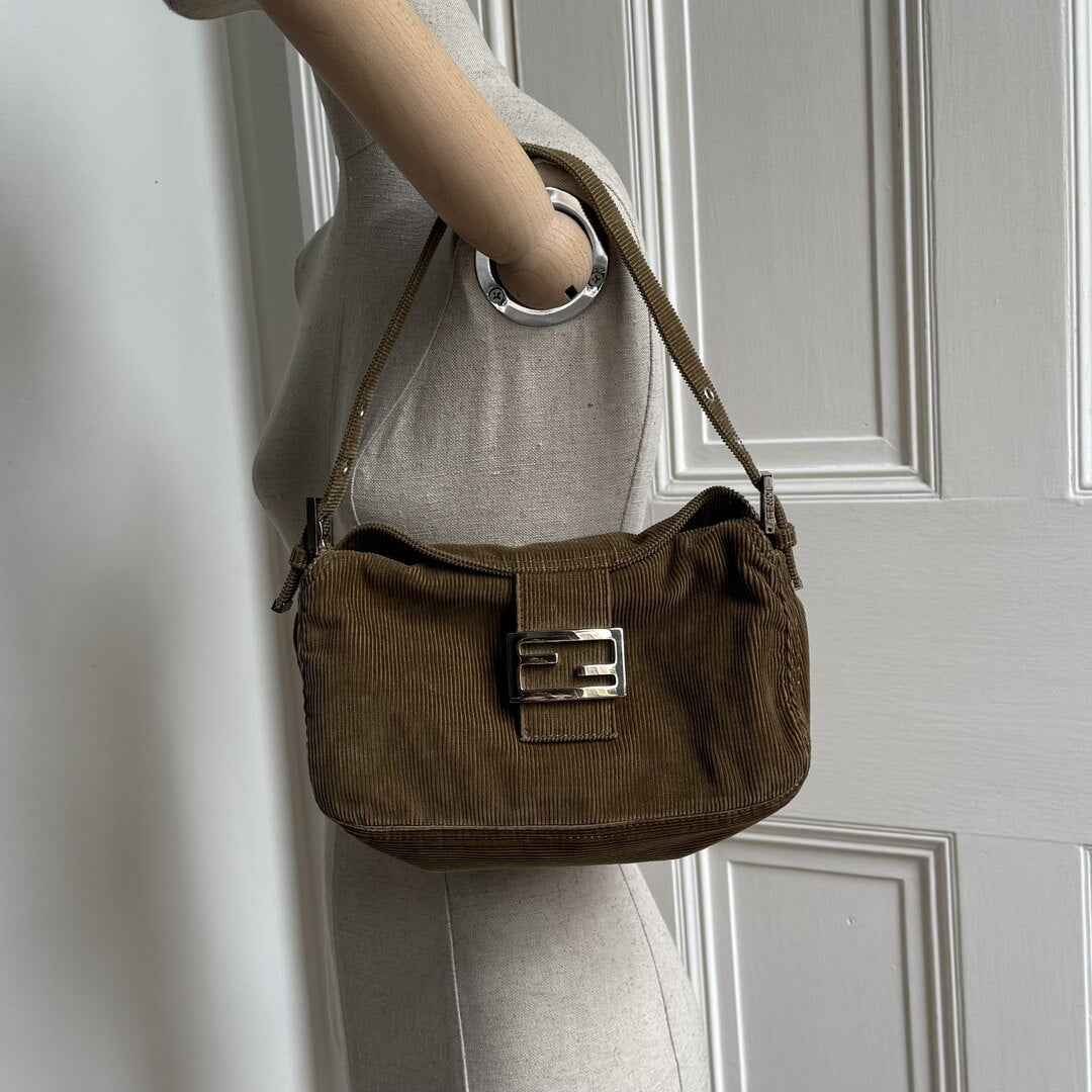Fendi Mamma Baguette Corduroy Brown Shoulder Bag