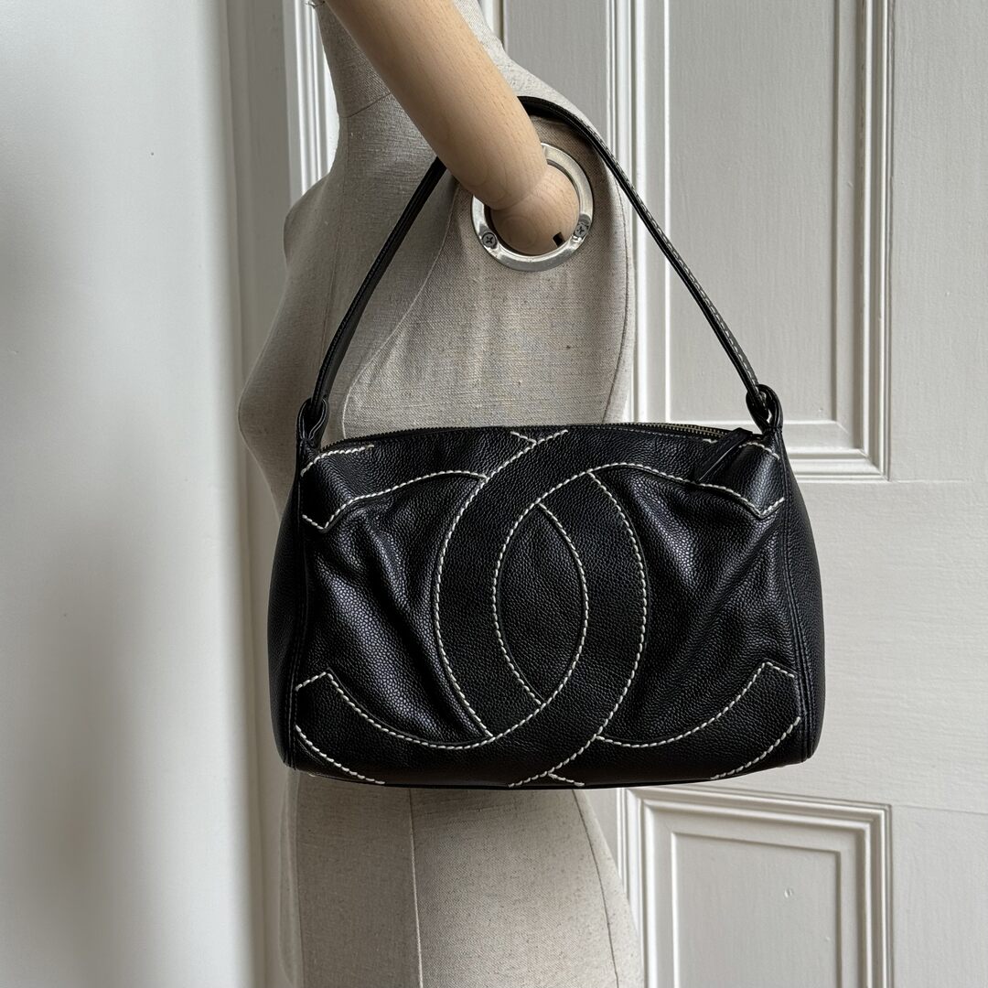 2004 Chanel Surpique CC Wild Stitch Caviar Black Shoulder Bag
