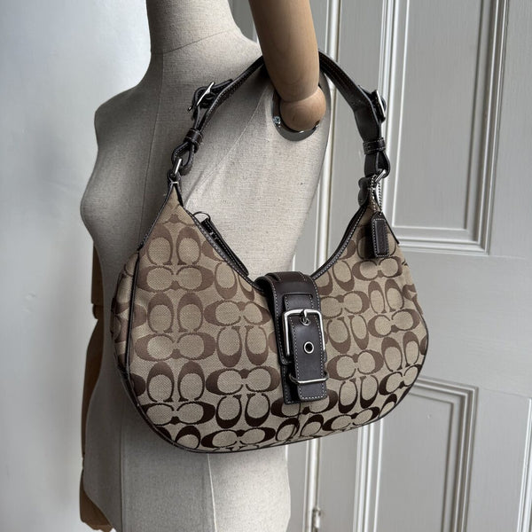 Coach Signature Hobo Buckle Brown Shoulder Bag