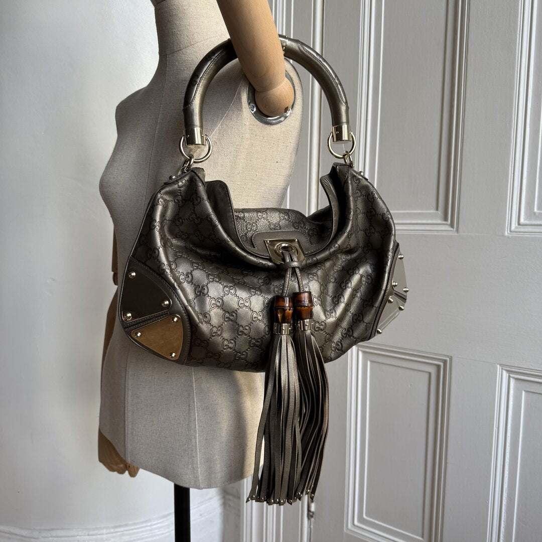 Gucci Indy Guccissima Metallic Silver Leather Shoulder Bag