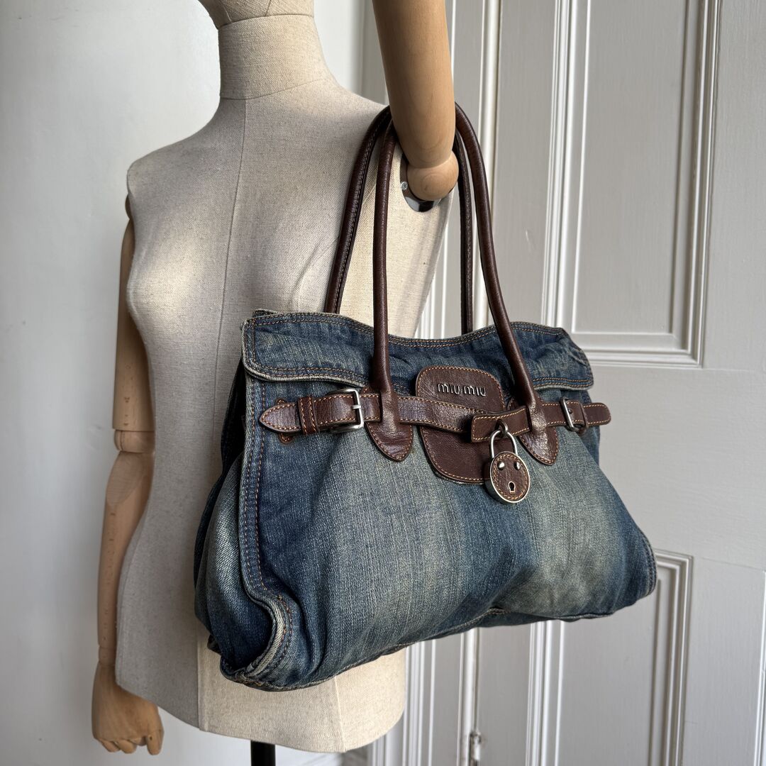 RARE 2000s Miu Miu Denim Buckle Brown Shoulder Bag