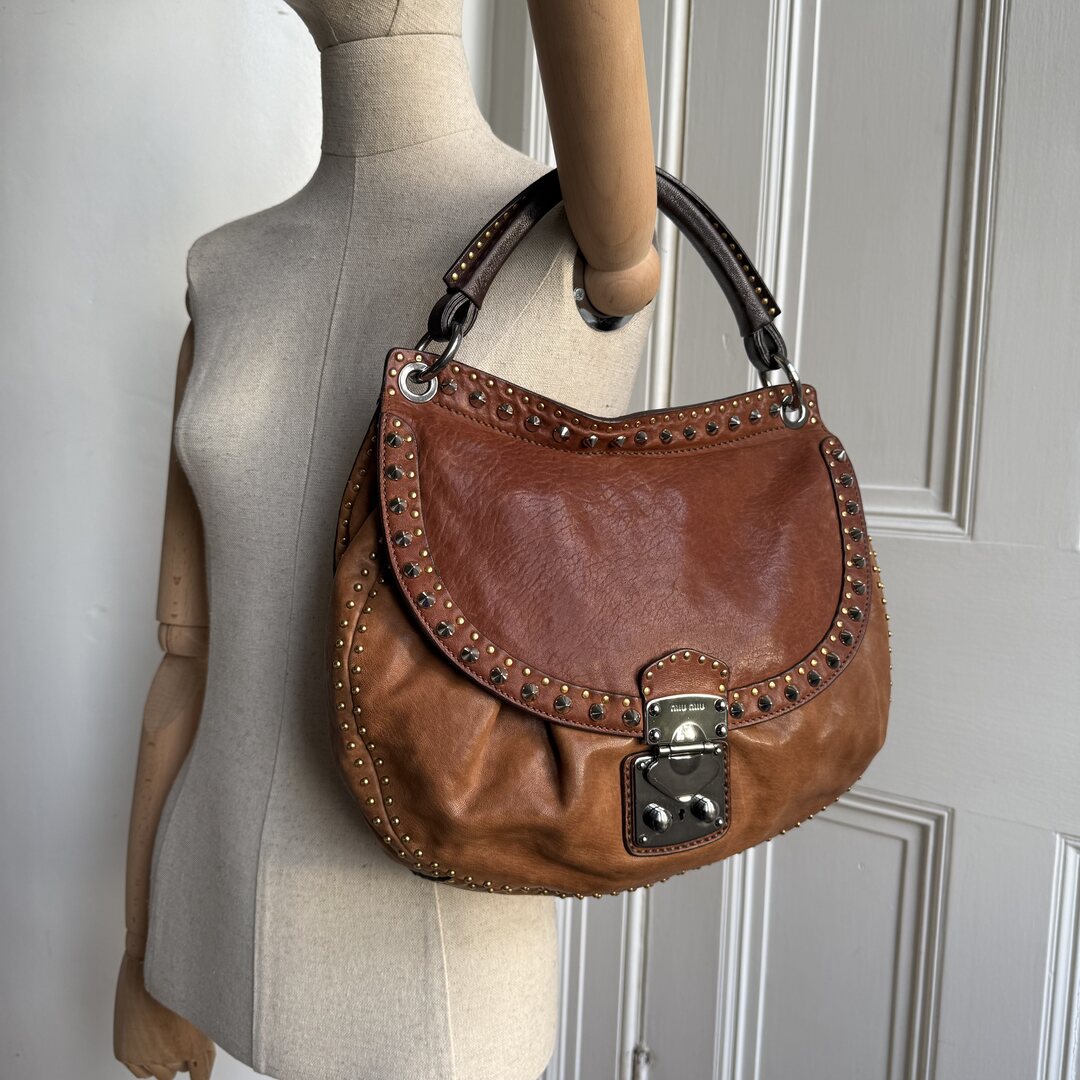 Miu Miu Studded Leather Brown Handbag