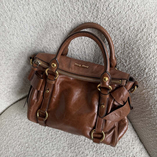 Miu Miu Mini Vitello Lux Brown Leather Handbag