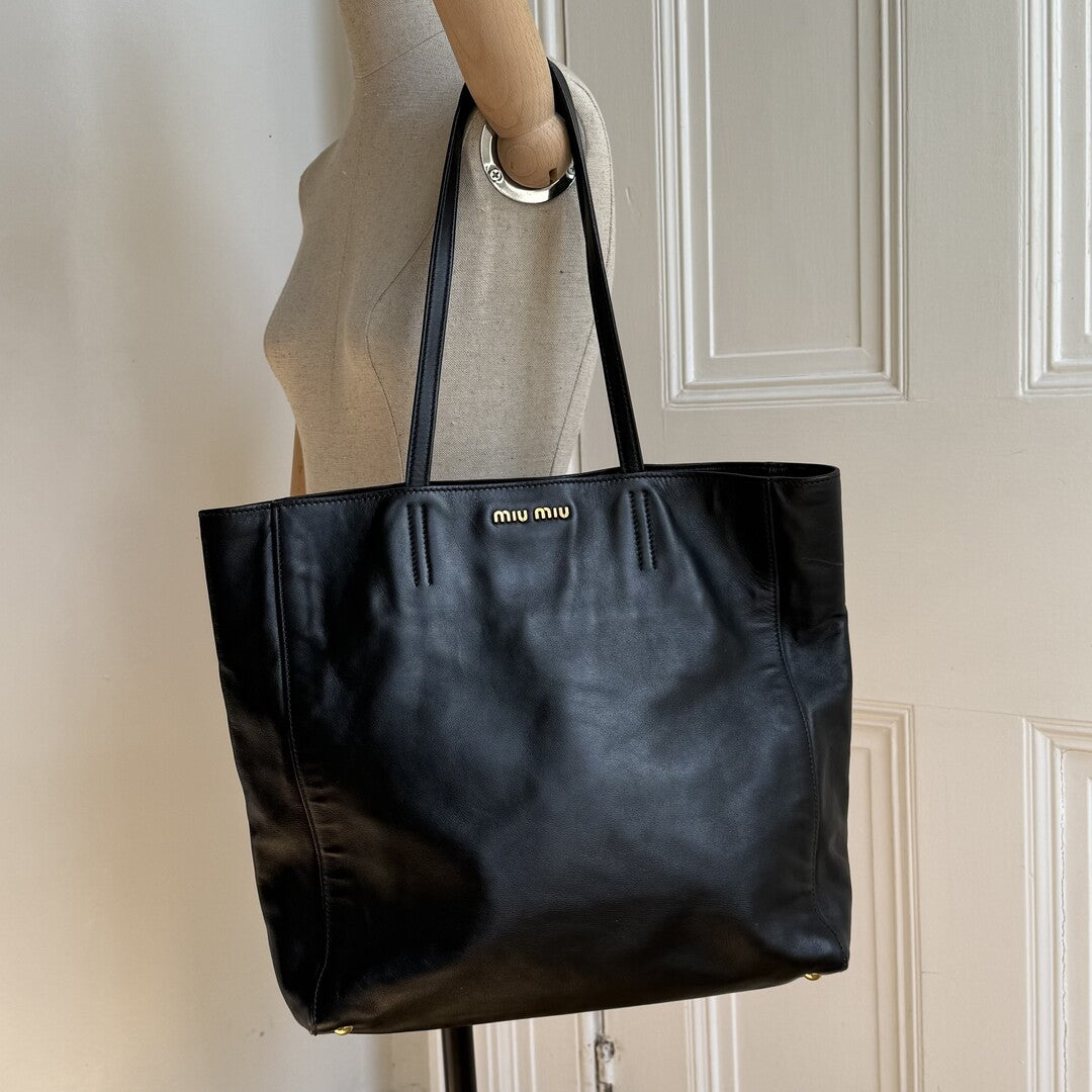 Miu Miu Vitello Black Leather Tote Bag
