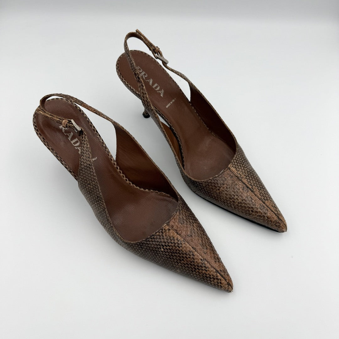 2000s Prada Snake Print Brown Slingback Kitten Heels