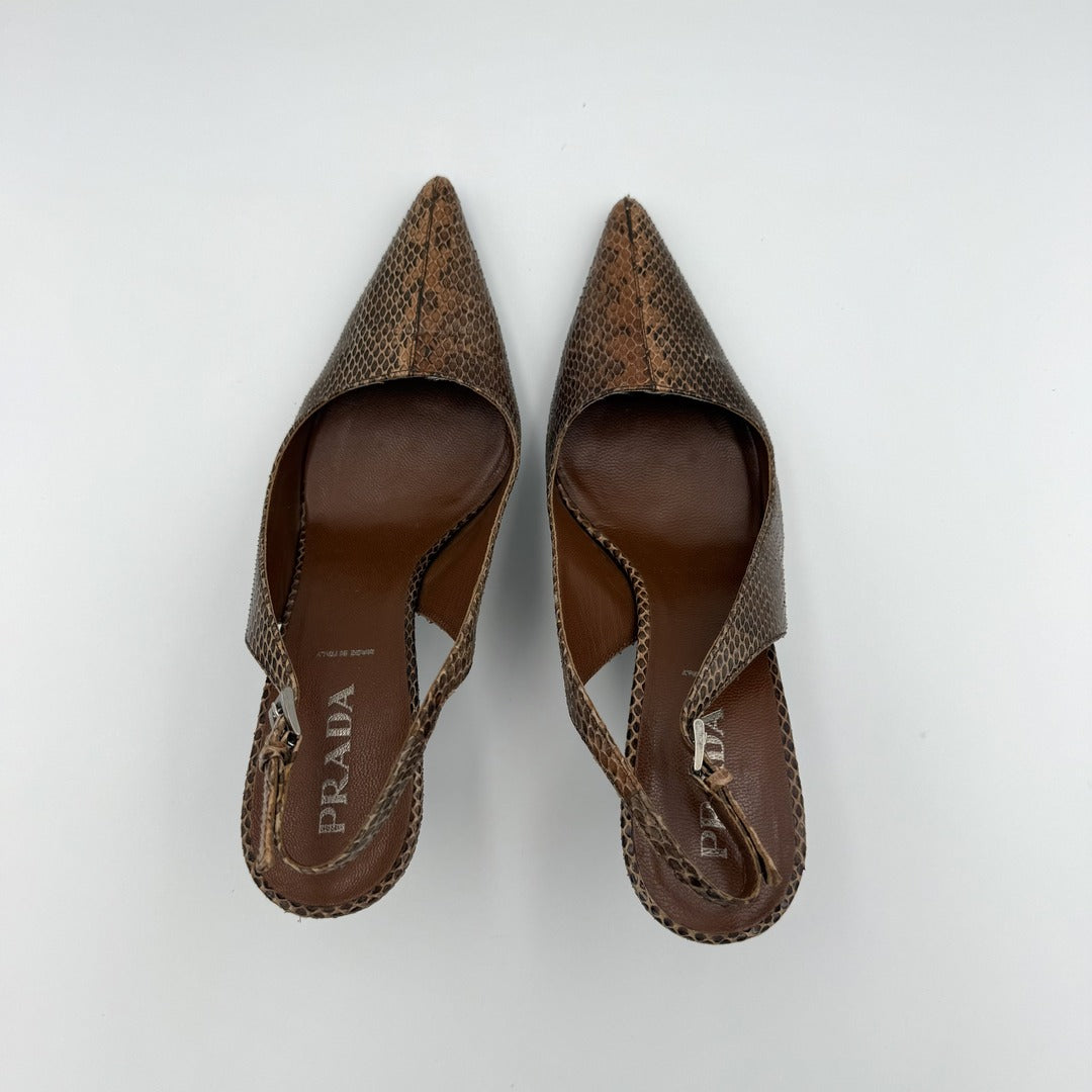 2000s Prada Snake Print Brown Slingback Kitten Heels