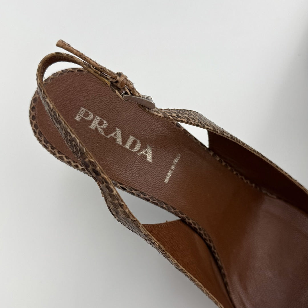 2000s Prada Snake Print Brown Slingback Kitten Heels