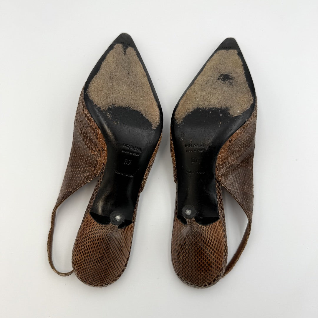 2000s Prada Snake Print Brown Slingback Kitten Heels