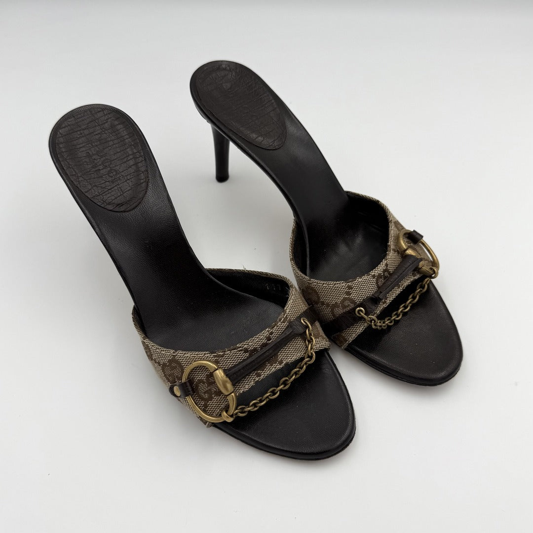 Gucci GG Canvas Horsebit Chain Kitten Heels