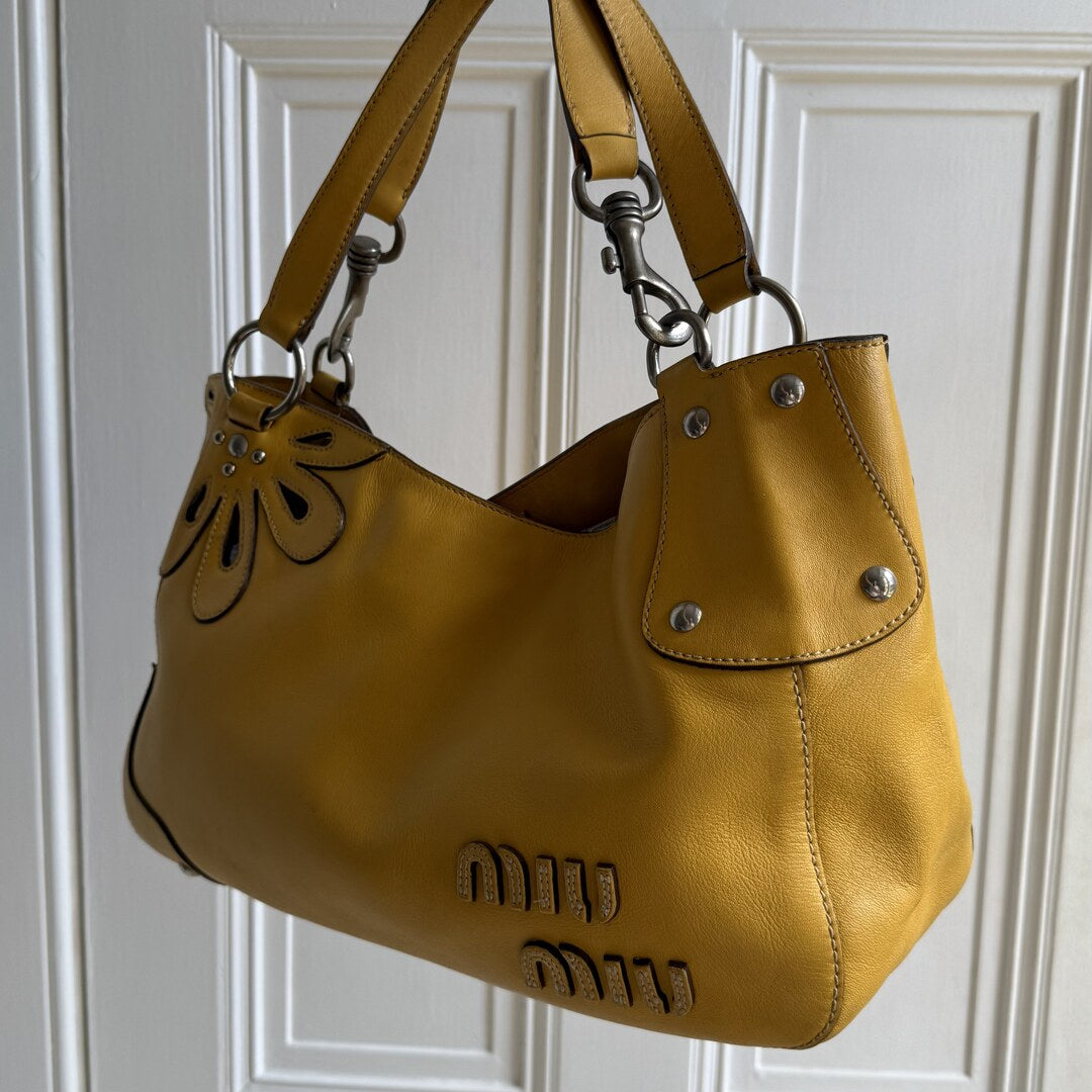 Rare Miu Miu Flower Hobo Leather Yellow Shoulder Bag