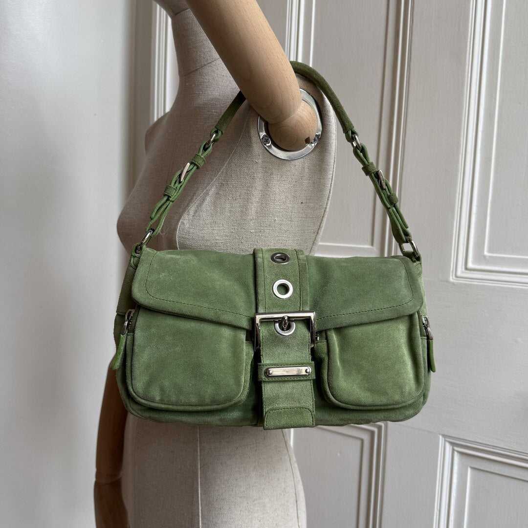 2000s Prada Scamosciato Suede Green Shoulder Bag