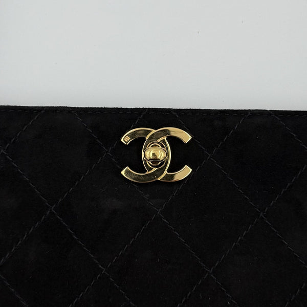 90s Chanel Turnlock CC 24K Gold Suede Black Shoulder Bag