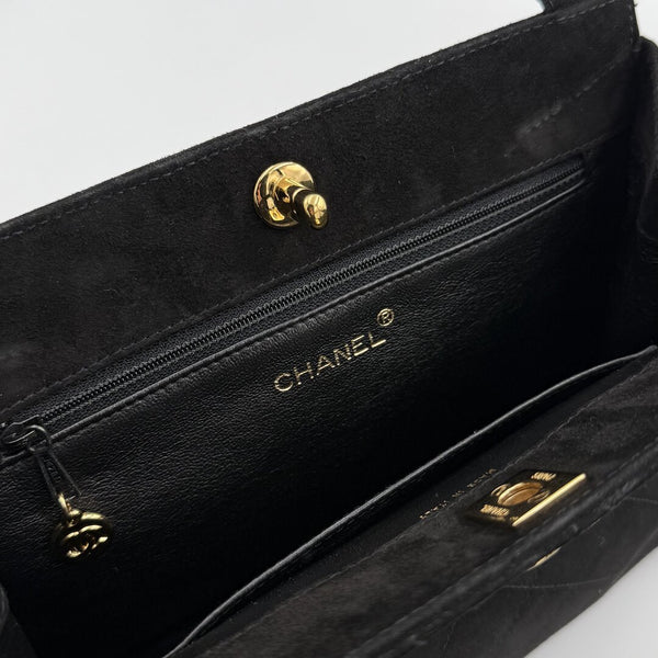 90s Chanel Turnlock CC 24K Gold Suede Black Shoulder Bag