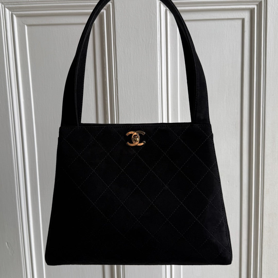 90s Chanel Turnlock CC 24K Gold Suede Black Shoulder Bag
