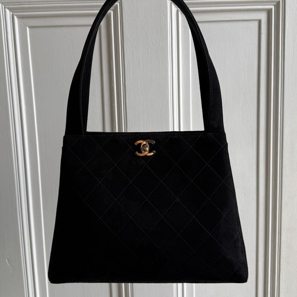 90s Chanel Turnlock CC 24K Gold Suede Black Shoulder Bag