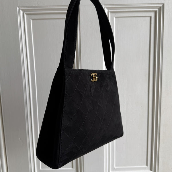 90s Chanel Turnlock CC 24K Gold Suede Black Shoulder Bag