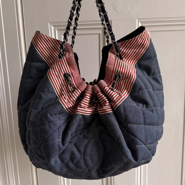 2009 Chanel CC Quilted Stitch Denim Chain Shoulder Bag