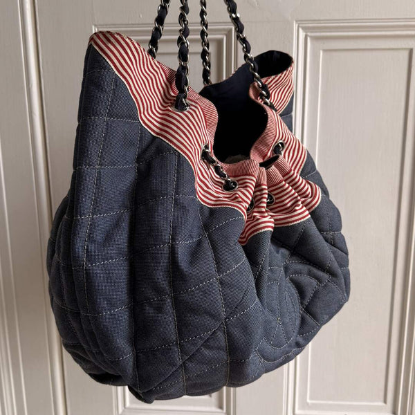 2009 Chanel CC Quilted Stitch Denim Chain Shoulder Bag